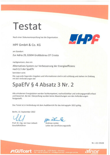 Testat für die Verbessung der Energieeffizienz [0,3 MB]